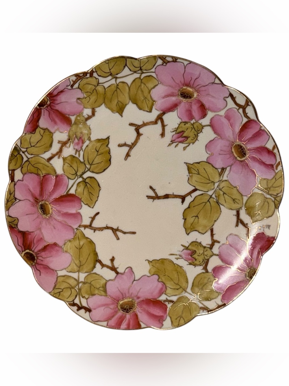 Antique MZ Austria Vienna Hand Painted Plate Signed Rehm Pink Rose Bramble Gold